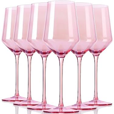 Imagem de Conjunto de 6 taças de vinho de cristal rosa - taças de vinho sopradas à mão com haste longa, para amantes de vinho, jantar, festa, casamento