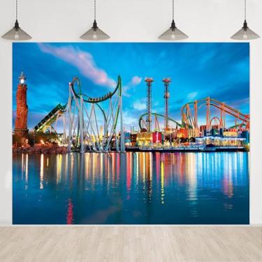 Imagem de Pano de fundo de montanha-russa para fotografia, 2,4 x 1,8 m, panorama de parque de diversões, fundo de reflexão aquática para festa infantil, decoração de casa, cabine fotográfica, adereços de