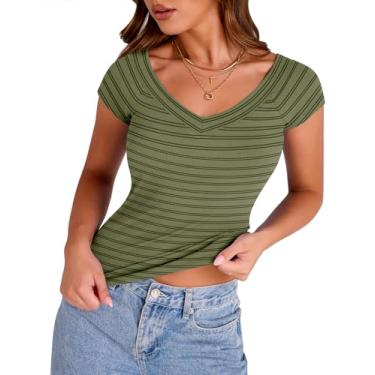 Imagem de VVK Camiseta feminina gola V manga curta slim fit 2024 verão casual malha canelada sexy ombro de fora, Listra preta verde, GG
