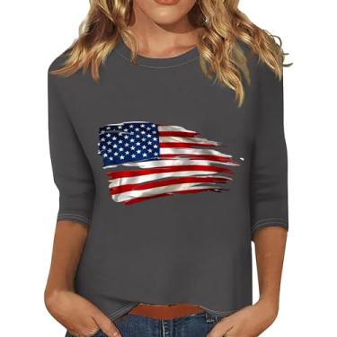 Imagem de Camiseta de verão feminina Memorial Day Top 4 de julho blusa patriótica bandeira dos EUA camiseta estampada roupas folgadas, Cinza, 3G