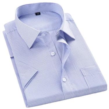 Imagem de Camisa masculina listrada manga curta slim fit camisas masculinas de verão camisas formais para roupas masculinas, 3 xadrez azul, M