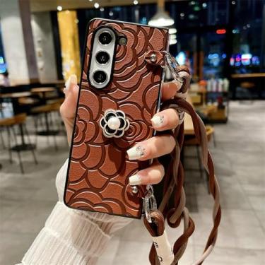 Imagem de Capa de couro crossbody com flor para Samsung Galaxy Z Fold 6 5 4 3 Fold6 Fold5 Fold4 Fold3 5G capa rígida, marrom, para Galaxy Z Fold4