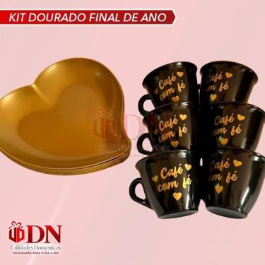 Imagem de Kit Dourado 6 Pires Coração +06 Xicaras Cafe com fé  - fORTINJET