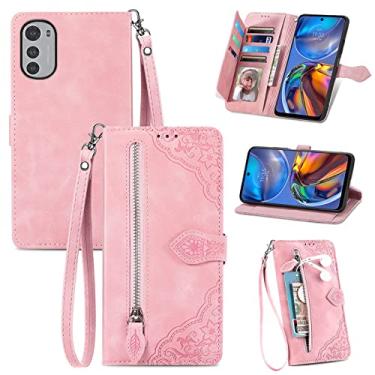 Imagem de Monwutong Capa carteira com design de armazenamento com zíper para Motorola E32, capa para Moto G22, capa de couro com toque agradável à pele com fecho magnético e coldre para vários cartões para Moto