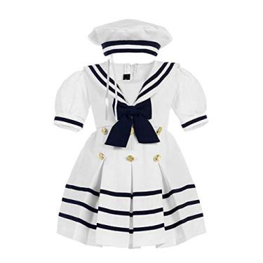 Imagem de iGirlDress Vestido náutico de marinheiro com chapéu infantil infantil - 4 anos, Branco, 3T