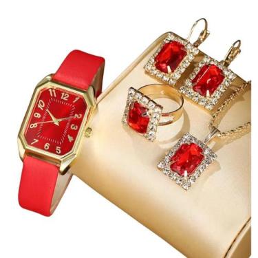 Imagem de Relógio Feminino Vermelho Luxo + Colar Brinco Anel Original - Ybotti