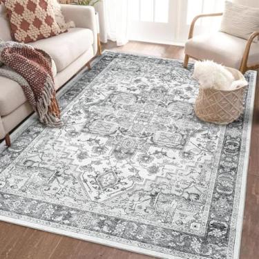 Imagem de GAOMON Tapete de área para sala de estar, 22 x 30,5 cm, lavável à máquina, vintage, tapete para quarto, sala de jantar, tapete envelhecido interno antiderrapante, sem pelos, cinza