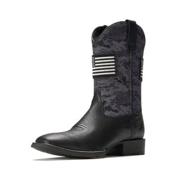Imagem de SUREWAY Botas masculinas caubói de bico quadrado com bandeira, resistente a óleo/deslizamento, durável, moderna, clássica, sem cadarço, botas de 25 cm, Estampa camuflada preta, 38