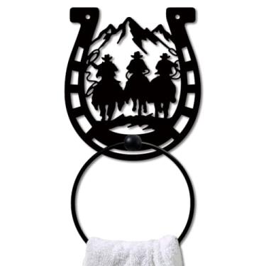 Imagem de MAYJOYDIY Anel de toalha de metal ferradura de cowboy cavalo anel de toalha preto arte toalheiro montado na parede montanha ferradura suporte de toalha de mão para banheiro cozinha cabide de toalha
