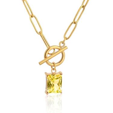 Imagem de TaYolnFaSo Colar com clipe de papel dourado, pedra natural/corte esmeralda, pingente de pedra do mês de nascimento, clipe de papel, corrente com clipe de papel, joias, presente de aniversário para