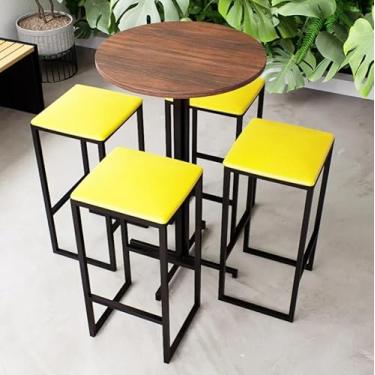 Imagem de Conjunto Mesa Alta Bar Bistrô Redonda Imbuia 4 Bancos Estofado Industrial Black (Amarelo)