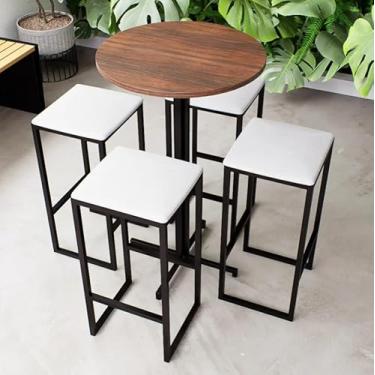 Imagem de Conjunto Mesa Alta Bar Bistrô Redonda Imbuia 4 Bancos Estofado Industrial Black (Branco)