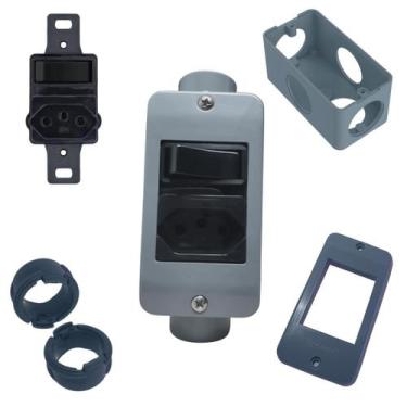Imagem de KIT Interruptor C/ Tomada Preto Simples 10A + Condulete Sobrepor 4/2po