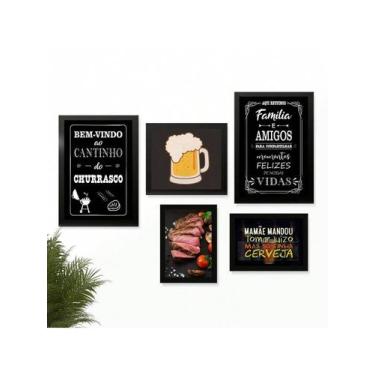 Imagem de Kit 5 Quadros Decoração Placas Area de Churrasco Cerveja Marcas Bar Bu