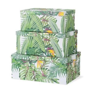 Imagem de Soul & Lane Caixas de papelão decorativas de armazenamento com tampas | Brisa tropical - Conjunto de 3 | Caixas de papelão verde da selva