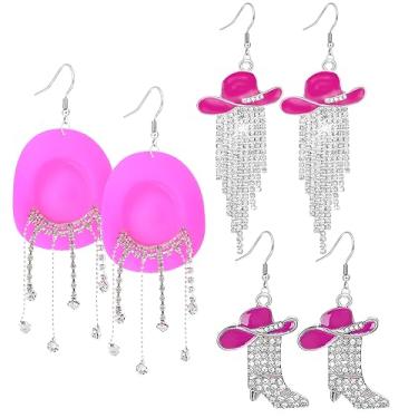 Imagem de 3 pares de brincos de faroeste feminino brilhante rústico Couture strass borlas chapéu botas brincos cowgirl caubói shows country roupas de cowboy roupas joias, Small, Liga de aço, Sem pedra preciosa