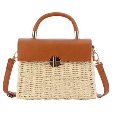 Imagem de Bolsa feminina de palha tecida à mão em vime, bolsa de palha de tecido de praia, bolsa quadrada, bolsa tiracolo Boho Basket, Off-white, Free