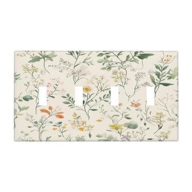 Imagem de OILbiexn Capa decorativa para interruptor, folhas botânicas, flores, fundo bege, placa de parede artística de 4 gangues, exclusivo quadriciclo, interruptor de luz, placa elétrica para decoração de