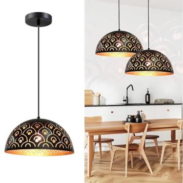 Imagem de Luminária Pendente Cozinha Preta E27, Lustre Pendente Ouro Negro Vintage Altura Ajustável Luminária de Teto Industrial Redonda Retro Metal Iluminação para Quarto Sala de Jantar Sala Ø: 30 cm