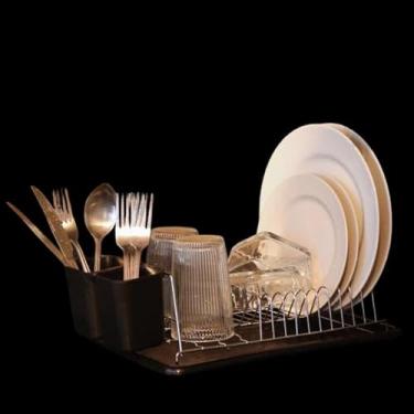 Imagem de Escorredor de Louça Compacto com Bandeja Coletora e Suporte para Talheres, Preto