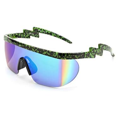 Imagem de FEISEDY Óculos de sol esportivos com escudo espelhado grande dos anos 80, óculos de esqui, parte superior, viseira futurista, feminina, masculina, B2522, Camuflagem C03, Normal size ZigZag Temple