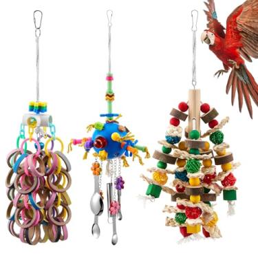 Imagem de Seenelling 3 peças de brinquedo de papagaio de pássaro extragrande multicolorido natural gaiola de papagaio de madeira para mastigar para grandes araras médias, cacatuas, pássaros cinzentos africanos