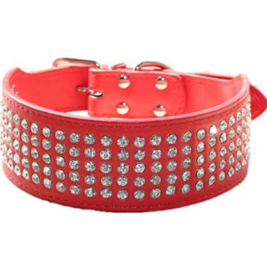 Imagem de Coleiras para cachorro com strass haoyueer 5 cm de largura 5 fileiras de diamantes de cristal brilhantes brilhantes de couro PU elegante e elegante para cães de médio e grande porte (vermelho, P)