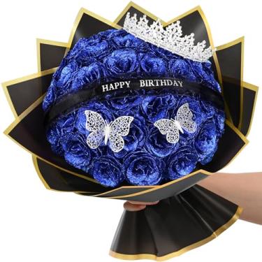 Imagem de Waipfaru Buquê de rosas com glitter, presentes de aniversário para mulheres, mãe, buquê de flores falsas faça você mesmo com placas de aniversário, rosa azul 36 para avó esposa e amigas