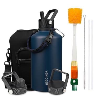 Imagem de YONICOER Garrafa de água isolada de 2,5 g, aço inoxidável a vácuo de parede tripla (pode ser lavada na lava-louças), à prova de vazamento e não BPA, jarro de garrafa com alça de paracord e tampas de