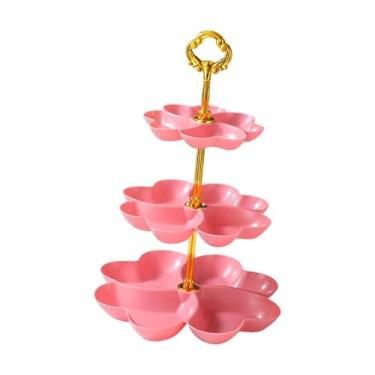 Imagem de Ioensy Suporte para lanches de frutas, pratos de servir de três camadas, bandejas, travessas, presentes, suporte para bolo, ornamento para festas em casa, Rosa