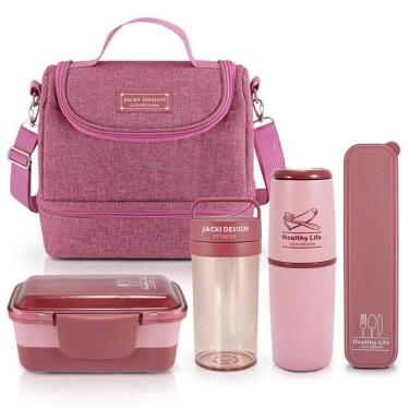 Imagem de Bolsa Térmica Com 2 Compartimentos Pote Marmita e Garrafa Porta Talher e Porta Escova Rosa