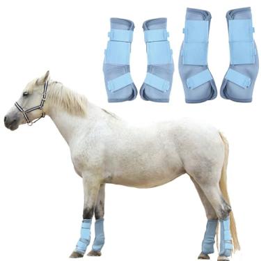 Imagem de TARFEPA Conjunto de 4 botas ajustáveis com mosca de cavalo, proteção de perna equina reduz pisadas, botas de malha respirável para cavalos, leggings de cavalo - azul claro - pônei