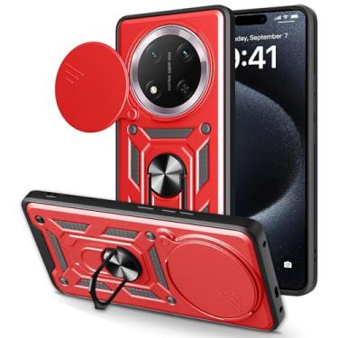 Imagem de Yarxiawin Capa de telefone para Honor Magic 7 Lite capa protetora de lente de câmera capa deslizante preta, capa resistente para Honor Magic 7 Lite com suporte de anel à prova de choque (vermelha)