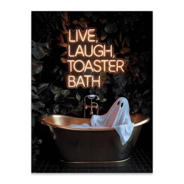 Imagem de Arte de parede de Halloween fantasma fofo na banheira imagem Live Laugh Toaster banheiro Ghost Poster Dark Gothic Spooky Print 30,5 x 40,6 cm sem moldura para banheiro de fazenda decoração de banheiro