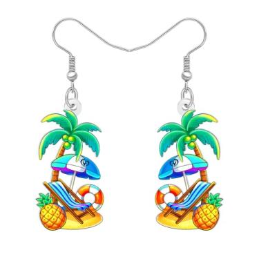 Imagem de BONSNY Brincos pendentes de praia tropical havaiana, festa de luau de verão com boia de caranguejo, prancha de surf, palmeira, bebida de coco, designs de anel de natação arco-íris de concha, pingente