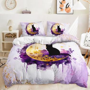Imagem de AILONEN Conjunto de capa de edredom de gato preto tamanho solteiro para meninas, aquarela roxa boho lua gato capa de edredom com 2 fronhas para mulheres, 3 peças