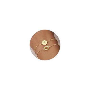 Imagem de Poxtex Pulseiras femininas com inicial de ouro, delicada banhado a ouro 14 quilates, letra A-Z, joia personalizada em camadas para mulheres, presentes para Natal, dia dos namorados, aniversário, 6+