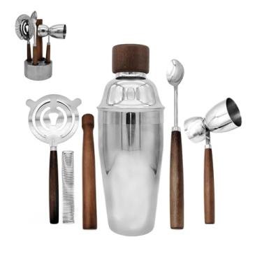 Imagem de WELESHEI Conjunto de ferramentas de bar de aço inoxidável para coqueteleira com misturador, colher de mistura, coador e suporte redondo fosco, utensílios de bar essenciais para bar em casa, festa e