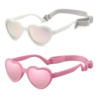 Imagem de FBHLZ Óculos de sol polarizados Baby Heart para crianças, flexível, dobrável, com alça ajustável, idade de 0 a 24 meses, Branco + rosa, One Size