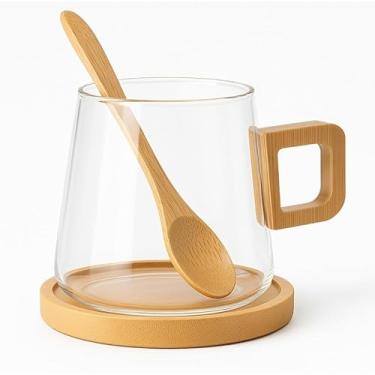 Imagem de Xícara de Vidro com Alça de Bambu, 300ml, Conjunto com Colher e Pires, Ideal para Café e Chá