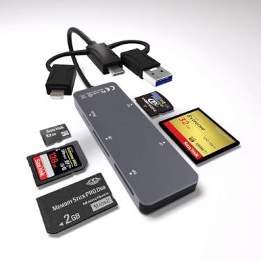 Imagem de Adaptador Memory Stick Pro Duo – Leitor de cartão de memória multi de alumínio 5 em 1 com triplo Lightning/USB-C/USB 3.0 para SD/Micro SD/MS/XD/CF/Pro-HG Duo, adaptador Sony Memory Stick Pro Duo para