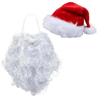 Imagem de NICENEEDED Chapéu de Natal vermelho e barbas brancas de Papai Noel, máscara de Papai Noel unissex realista, conjunto de fantasia de caristmas para festa festiva de ano novo cosplay