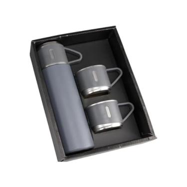Imagem de Kit Garrafa Térmica Inox 500ml com 3 Xícaras Portátil Ideal para Camping Viagem e Uso Diário (Cinza)