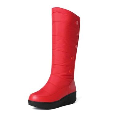 Imagem de Myallfeet Botas de neve femininas quentes de inverno com sola grossa de cano alto impermeável e confortável forro de pele botas de inverno quentes botas de cunha com suporte de assistência, Vermelho,