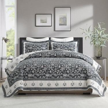 Imagem de DUOHONG Conjunto de colcha 100% algodão tamanho Queen – edredom acolchoado floral, colcha de cama queen botânica reversível, vintage chique e leve para cama Queen, 3 peças, carvão/branco/marrom