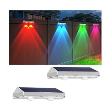 Imagem de Pacote com 2 luzes solares para ambientes externos, 2 unidades de luz solar externa branca quente e luzes movidas a energia solar RGB para quintal, pátio, cerca de deck, corrimão de escada, piscina e