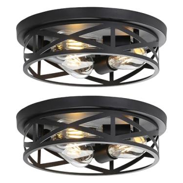 Imagem de Youroke Luz de teto de montagem embutida de 33 cm, pacote com 2, luminária de teto com gaiola de metal para casa de fazenda, luz de teto preta próxima ao teto para corredor, cozinha, quarto, entrada