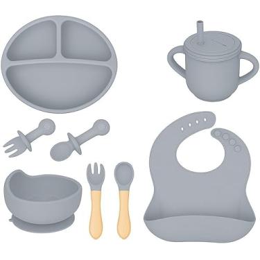 Imagem de Kit 8 Alimentação Bebê Silicone Prato Babador Copo Tigela Cor Cinza Introdução Alimentar infantil