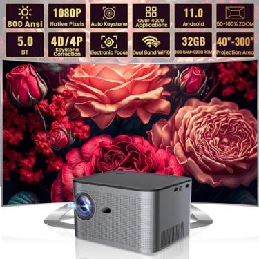 Imagem de Projetor Native 1080P 4K Full HD 800 ANSI 18000 Lumens BT 5.0 WiFi 6 com aplicativo integrado para casa, tela de 300 polegadas, Android 11.0, compatível com TV, PC, USB, laptop e TV Stick