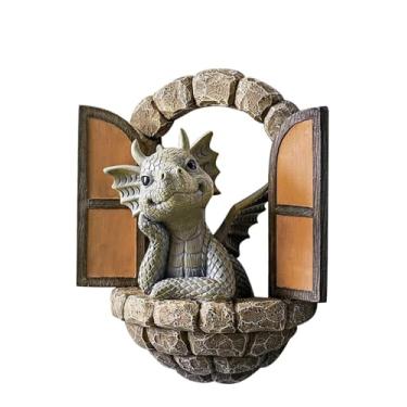 Imagem de Escultura de dragão no pátio resina 3D dinossauros pendurados estátua de parede montada ao ar livre árvore arte decoração, janela dinossauro